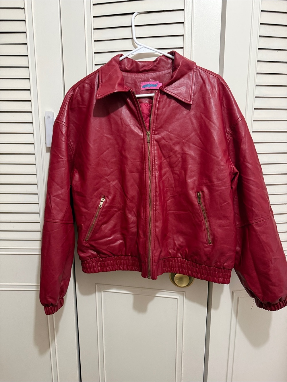 Edikted Red Faux Leather Bomber with Zip Pockets